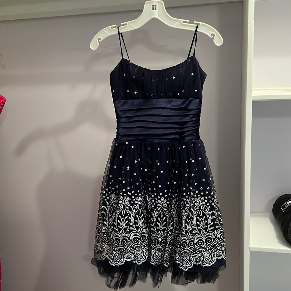 Navy blue sparkly short homecoming dress